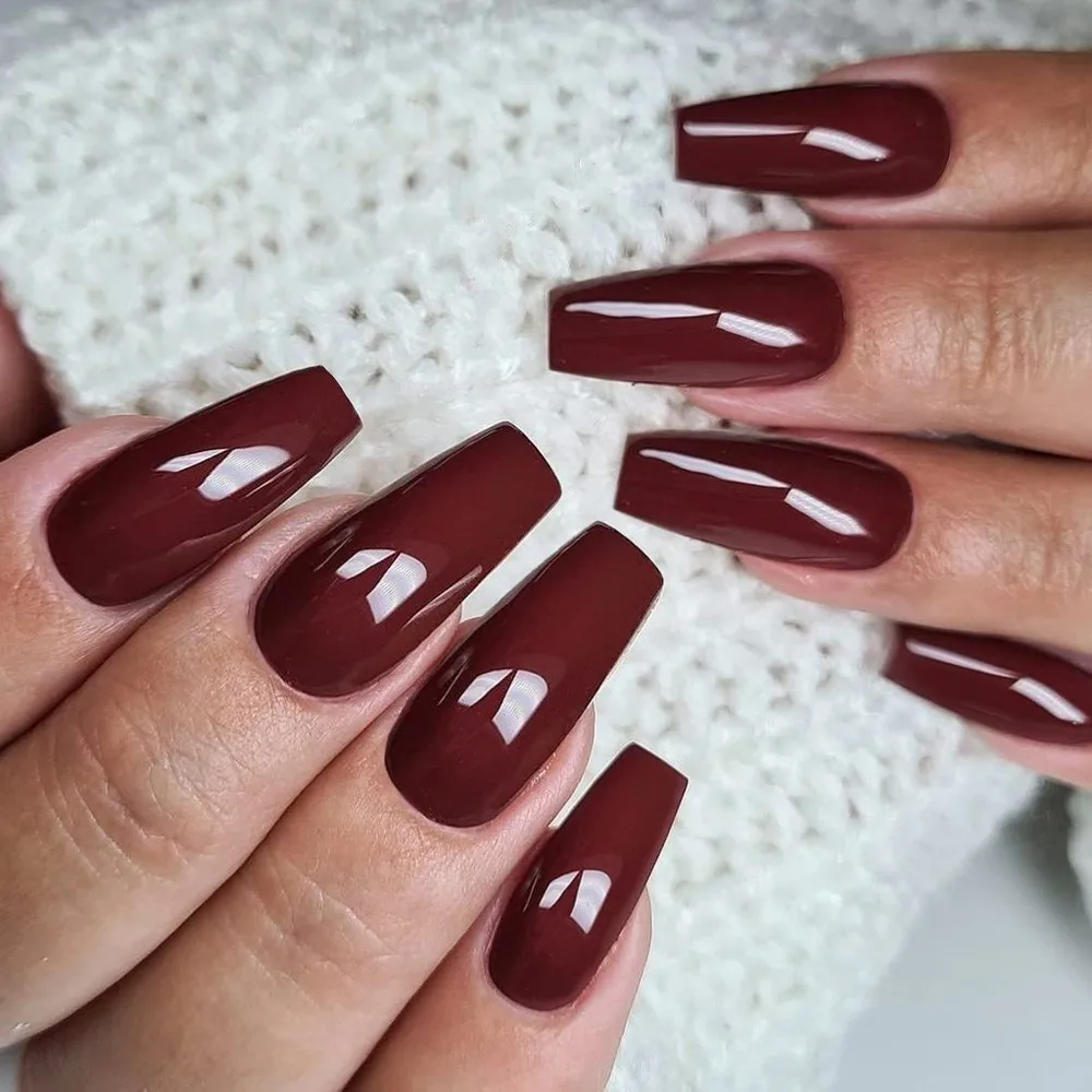 48Pcs Shiny Long Ballerina Coffin Fake Nails With Glue Dark Brown Artificial Press On False Nails For Woman Manicure Tool