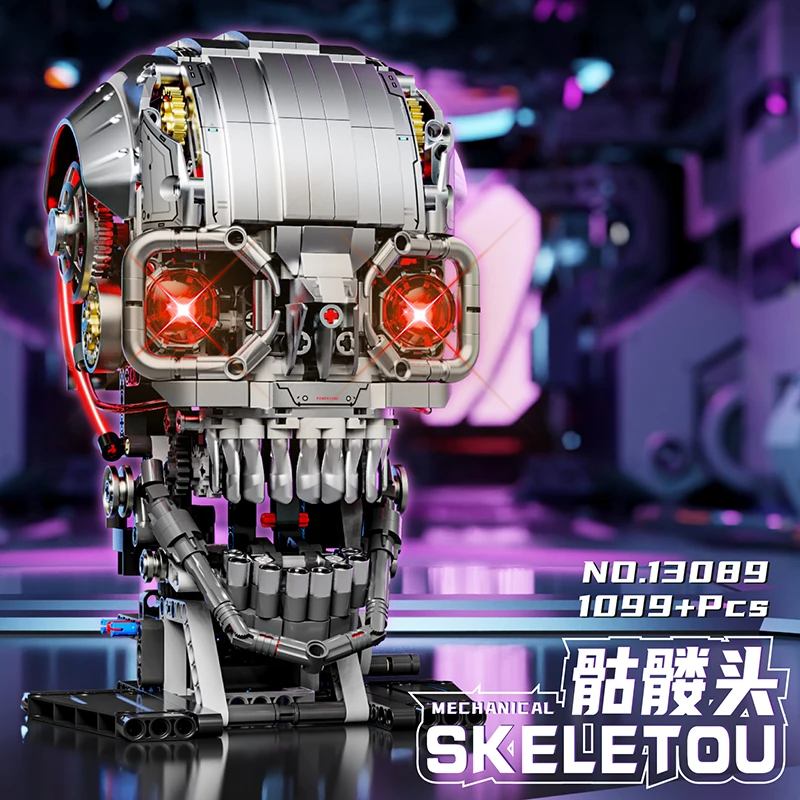 Building Block Mechanical Skull Model LED Luminous Eye Joint Movable Assembly Toy Halloween Horror Decoration Ornament