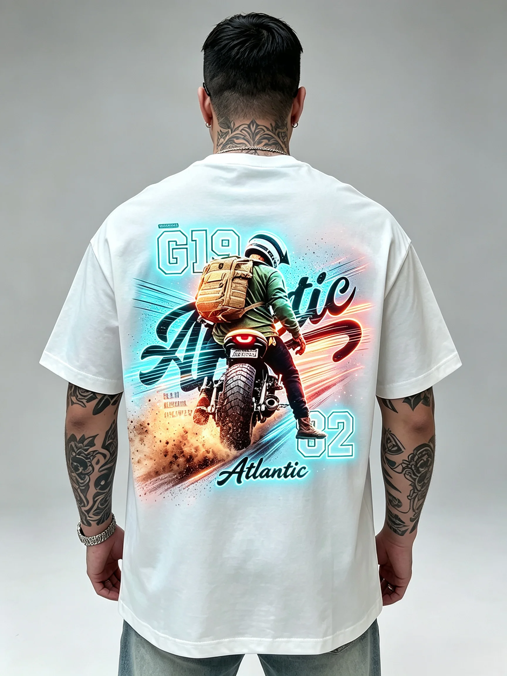 Unisex Neon Light Motorcycle Rider Back Print T Shirt Men Women Oversized Atlantic G19 82 Biker Graphic Tee Retro Motorbike Hip Hop Streetwear Cotton Short Sleeve Tops