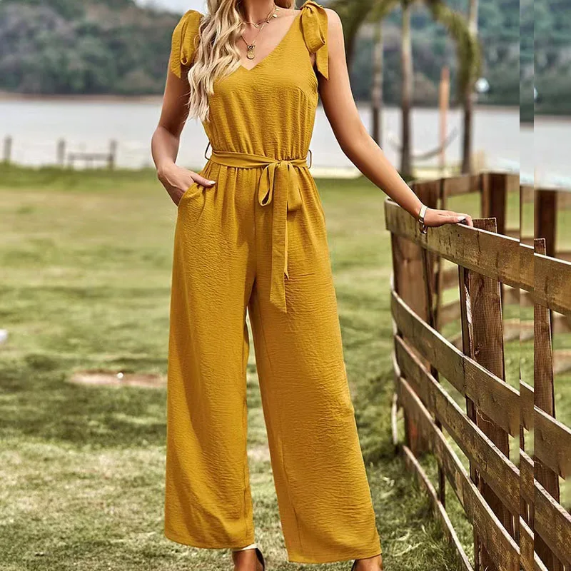 Cotton Linen Sleeveless Women Jumpsuit Summer Causal Solid V-Neck Drawstring Waist Straight Leg Jumpsuits