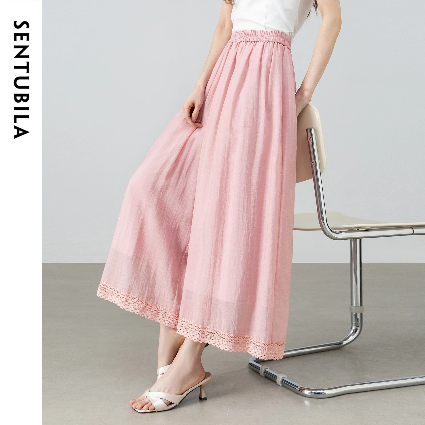 SENTUBILA Women's Wide Leg Pant Summer Cut Out Lace Hem Elastic Waist Cropped Trousers 2026 Slim Fit Office White Pant 162KD4753