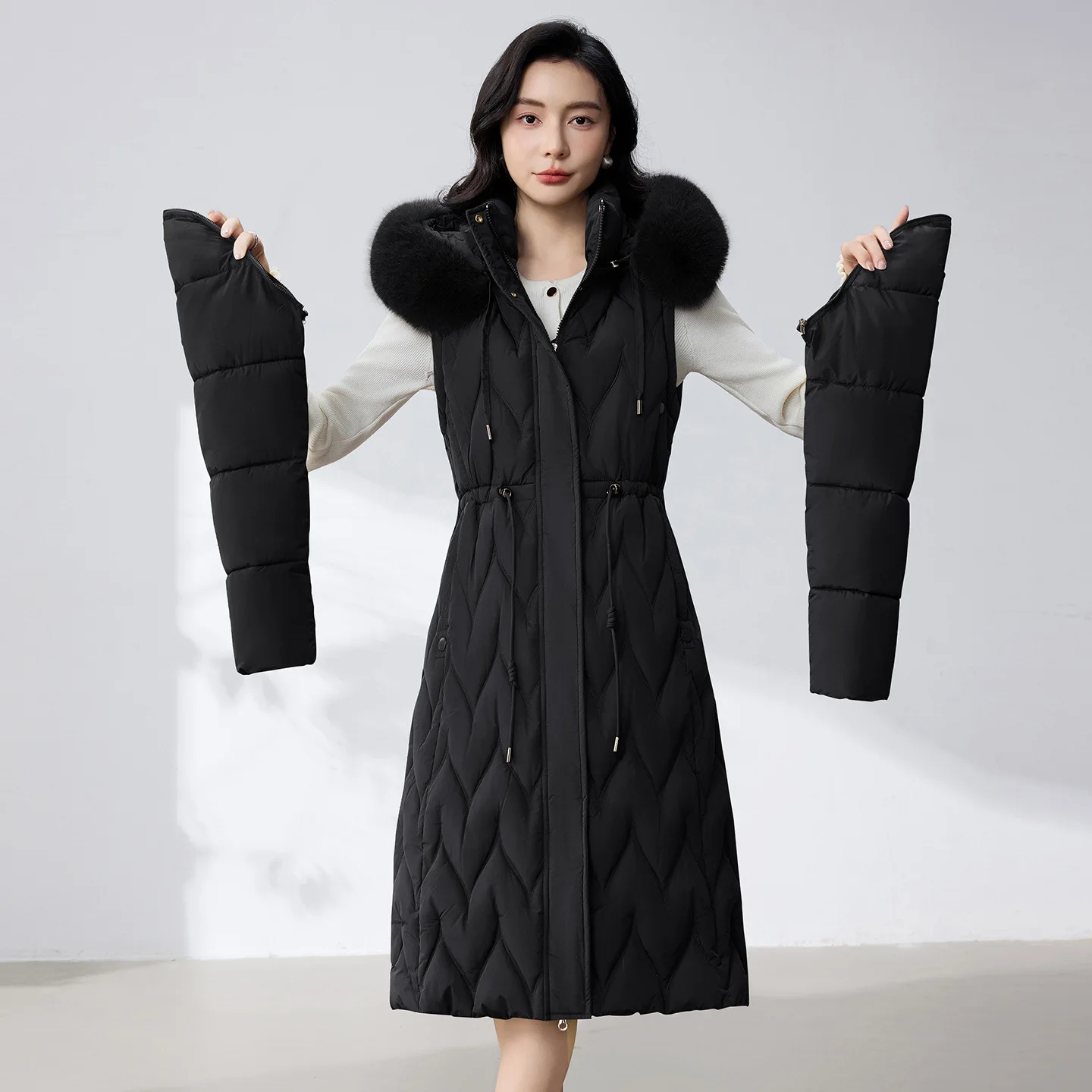 Women's Long Cotton Coat Autumn Winter Casual WarmDetachable Sleeves Mid-length Fur Collar Jacket Thickened Hooded Outwear