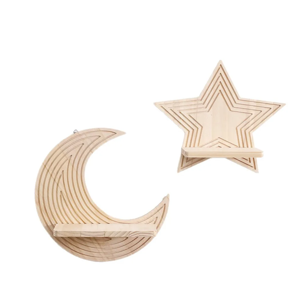 Moon Star Shape Wooden Floating Wall Shelves Creative Wall Hanging Rack for Plants Decor Bedroom Nursery Home Wall Decoration