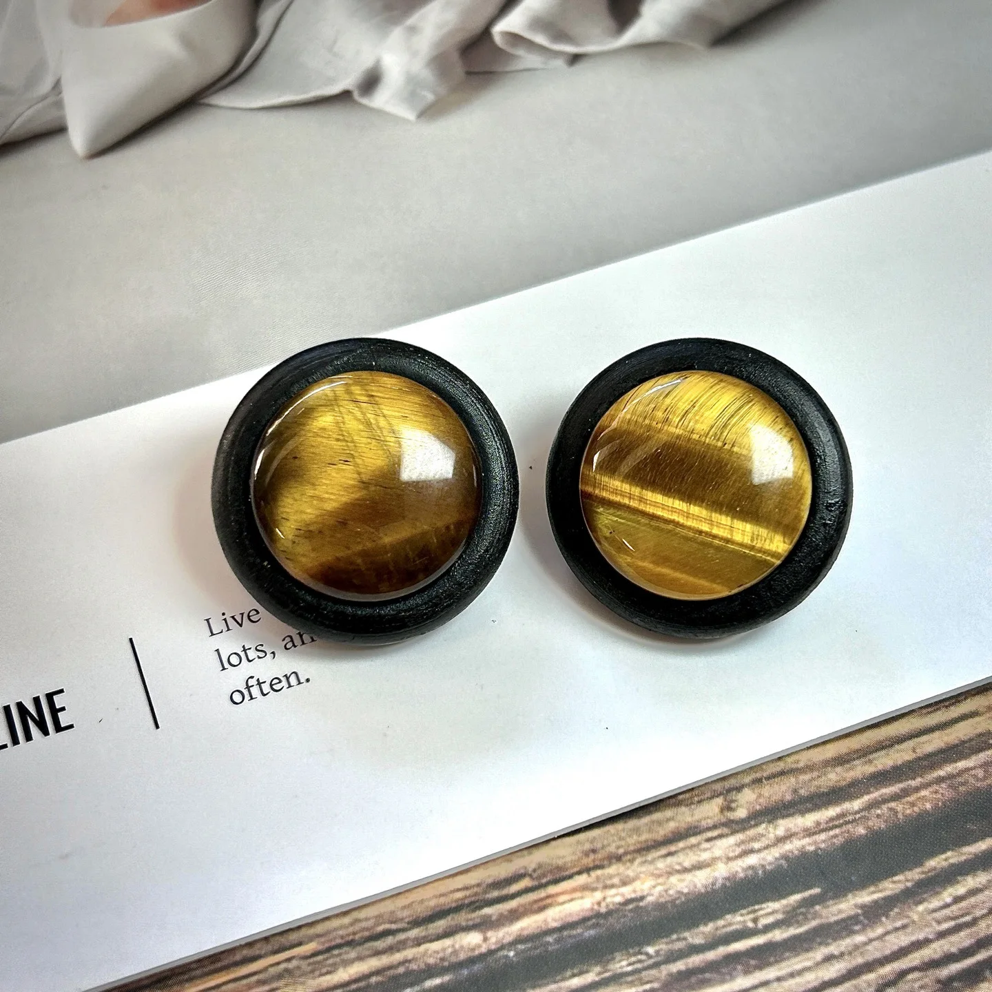 Monies style wooden handmade earrings vintage medieval natural tiger's eye stone retro light luxury earrings 925 silver needle
