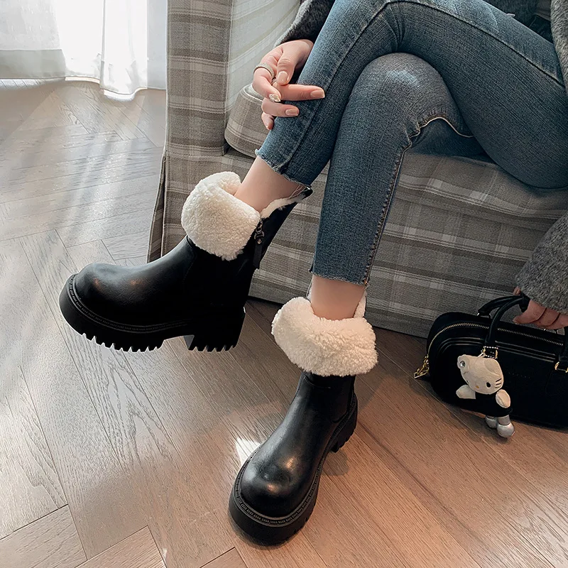 2023 Winter New Cowhide Lamb Wool Warm Snow Boots with Mid Heel Waterproof Platform Side Zipper Two Wear Thick Sole Short Boots