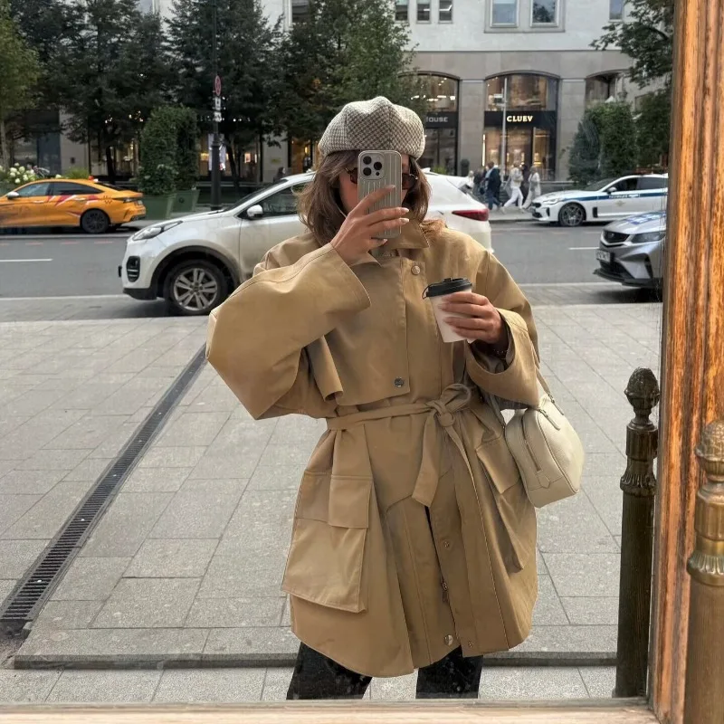 

Женский укороченный тренч FL на шнуровке, модный, однотонный, с отложным воротником, на одной пуговице, с регулируемой талией, свободный ветровка-тренч для повседневной носки и уличного стиля