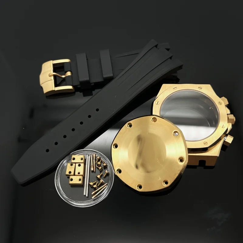 Preto ouro 41mm borracha estilo aço caso cinta relógio peças fivela para caso de carvalho 31.8mm dial vk63/64 kit ponteiro movimento quartzo