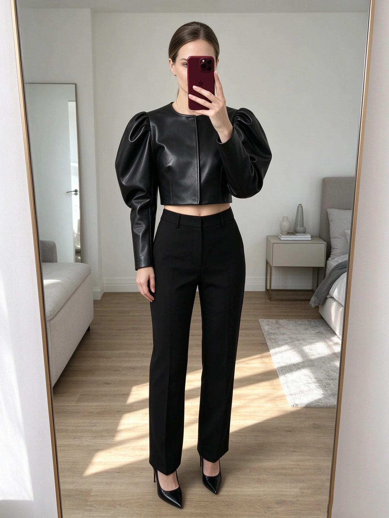 Women's Faux Leather Cropped Jacket with Puff Sleeves and Round Neck