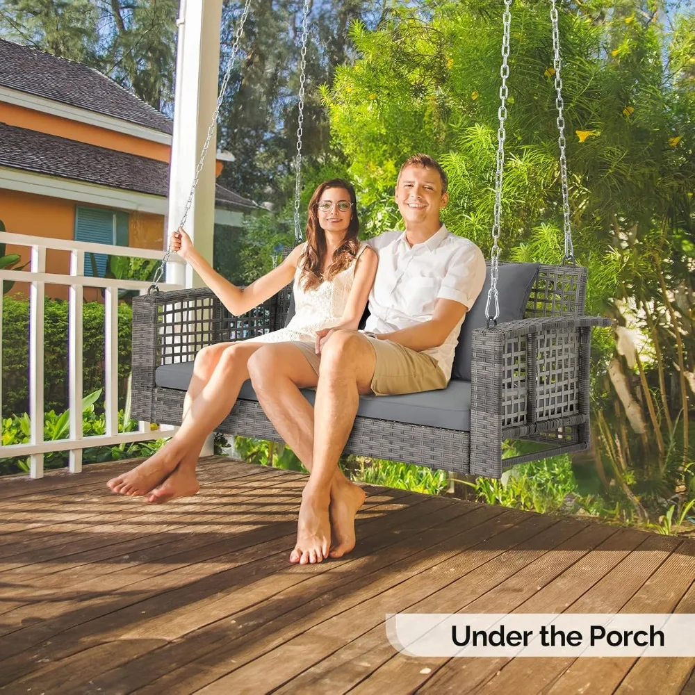 أرجوحة شرفة الروطان الخارجية مع وسائد، سعة 800 رطل، سلاسل قابلة للتعديل، كرسي مقعد أرجوحة من الخيزران للحديقة والسطح