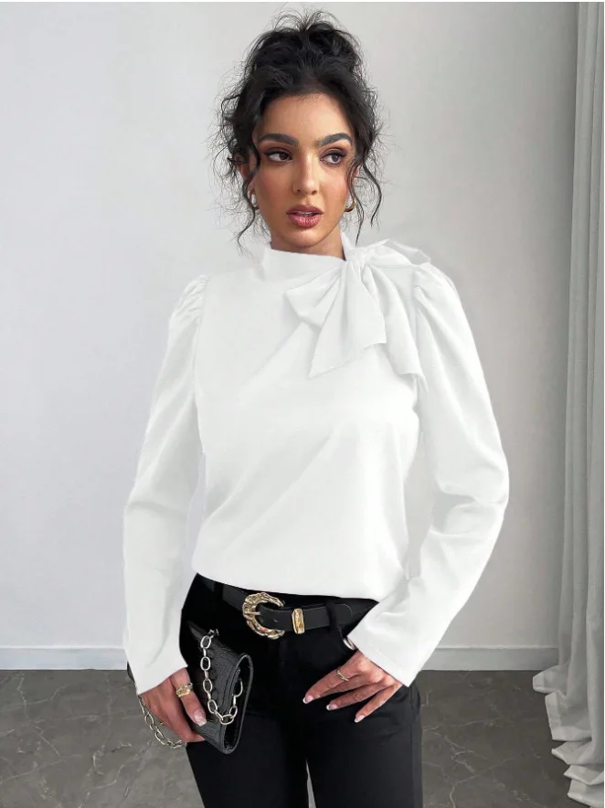 เสื้อเบลาส์ผู้หญิงแฟชั่นสปริง/ออทั่ม 2025 แขนยาว สีพื้น เรียบหรู เหมาะสำหรับใส่ทำงานในออฟฟิศ สไตล์ลำลอง