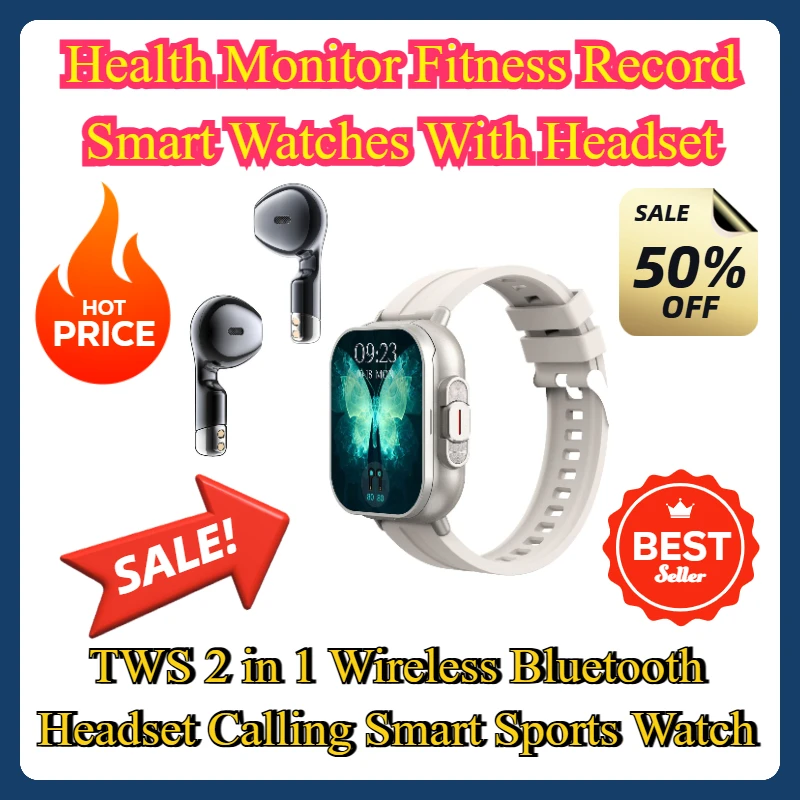 Health Monitor Fitness Record Smart Watches with Headset TWS 2 in 1 Wireless Bluetooth Headset Calling Smart Sports Watch