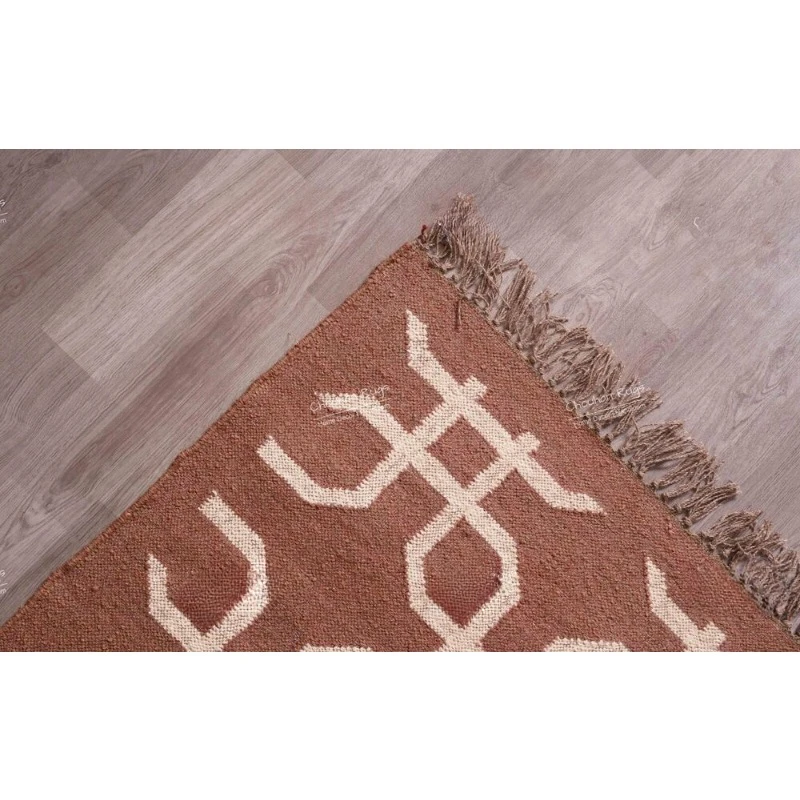 Bohemian Vintage Large Area Rug Brown Rug with White Pattern Wool Jute Rug