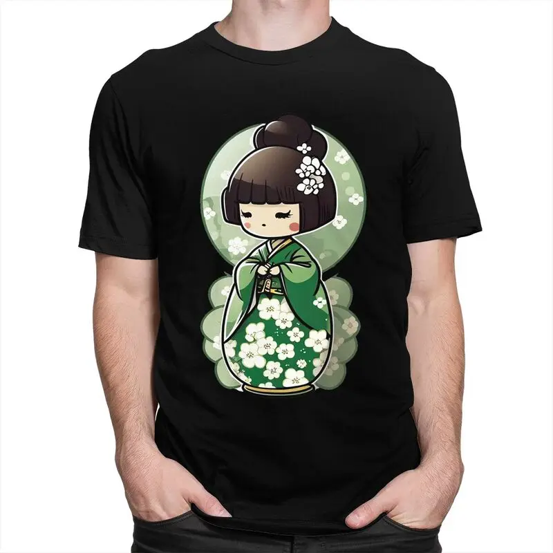 Custom Sakura Japanese Girl Kokeshi Doll T Shirts Men 100% Cotton Tees Tshirts Short Sleeve Fashion T-shirt