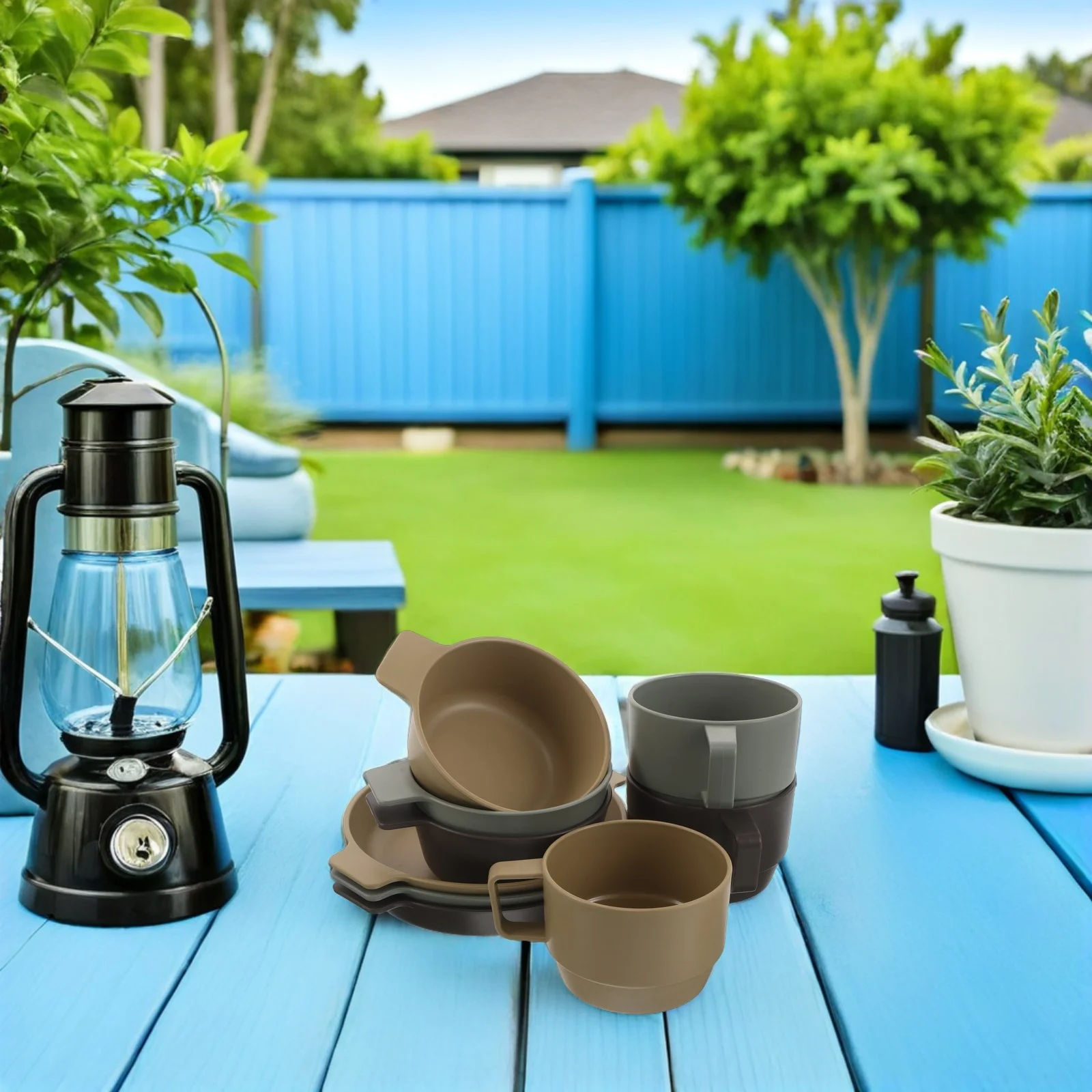 

9Pcs Outdoor Camping Tableware Plastic Stackable Plates Bowls Unbreakable Coffee Mugs Lightweight Hiking Picnic Bbq Rv Travel