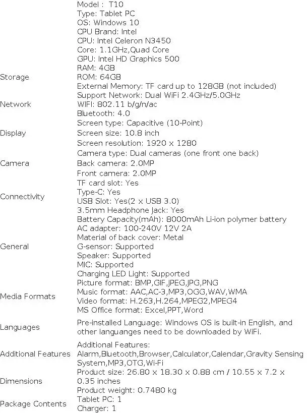 10.8 Inch T10 CWI540 Windows 10 Tablet PC 4GB DDR3-RAM 64GB EMMC ROM N3450 CPU Quad Core 64 Bit 1920 X 1080 Pixel Type-C Slot