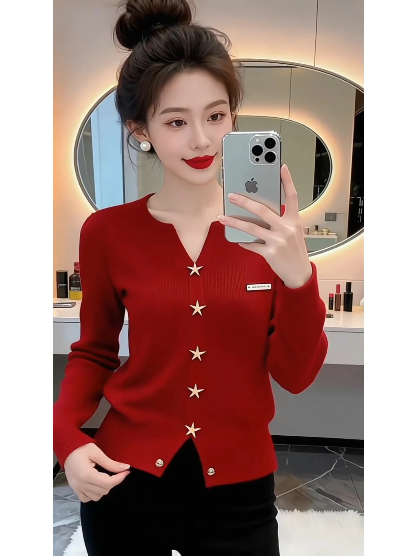 

Модный красный вязаный свитер с V-образным вырезом для женщин, повседневный свободный свитер с длинными рукавами, весна-осень, новая коллекция, высокое качество, топ для женщин