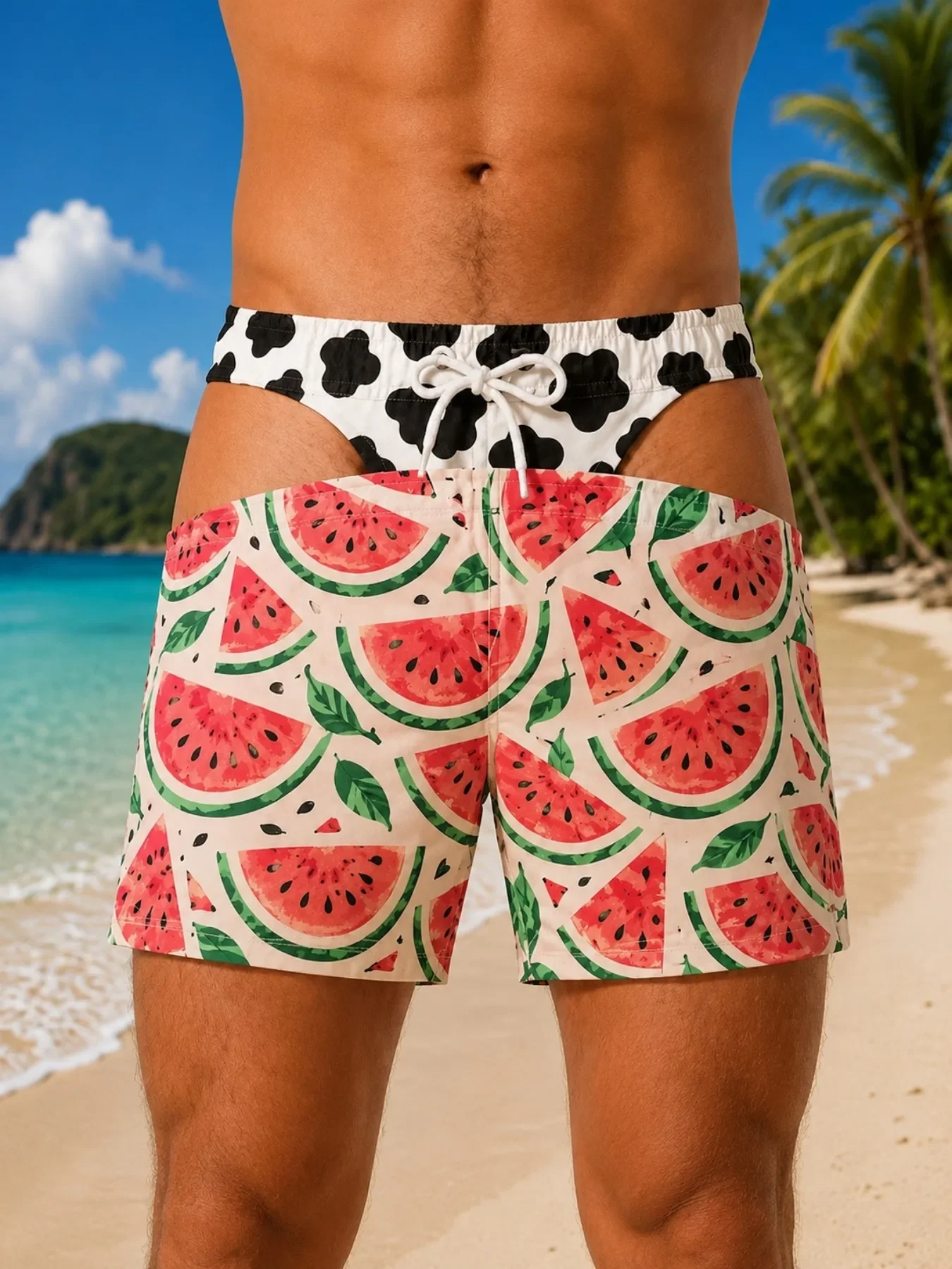 Summer Novelty Prank Swim Shorts Above Knee Fresh Watermelon Slice Graphic 3D Print Boardshorts for Beach Party