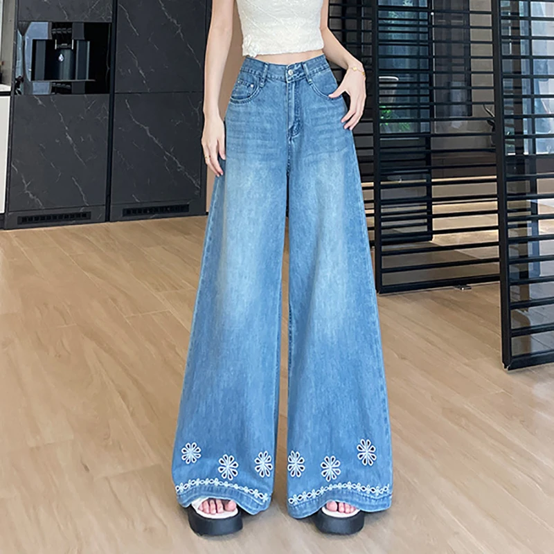 

Ice Silk Embroidery Micro Flared Jeans For Women Summer Hollowed Out Thin Wide Leg Pants Elegant High Waist Denim Trousers