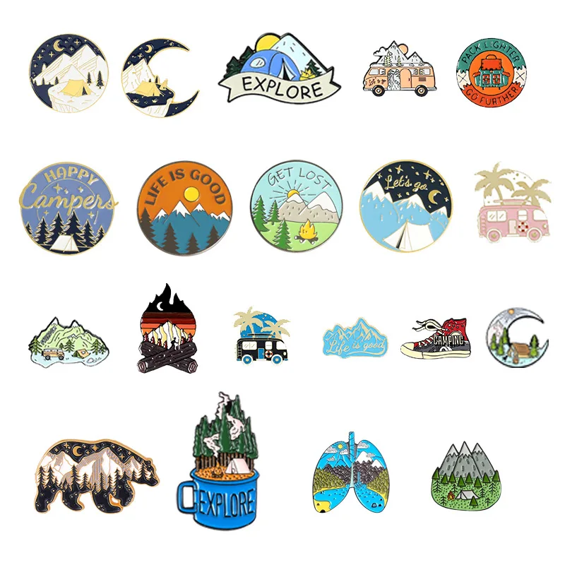 

Outdoor Travel Theme Enamel Pins Set – Nature Landscape Badges with Mountain, Campfire, Forest –Adventure Brooch Gift for Hikers