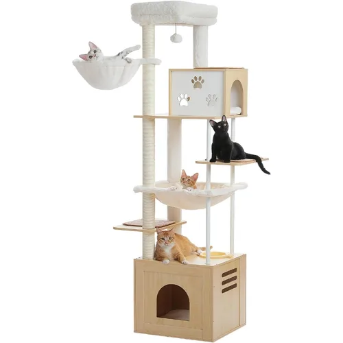 PAWZ ロードラージキャットツリー フードステーション付き、74.8インチの木製背の高いキャットタワー、特大コンドミニアムとハンモック付き、広々としたパーカッション