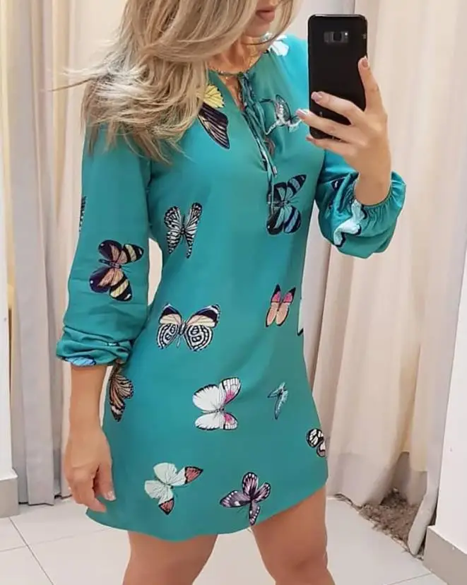 

Women's Casual Dress 2024 Spring Summer Latest Butterfly Print Tie Front Long Sleeve Mini Dress O-Neck Thin Lace Up Short Skirt