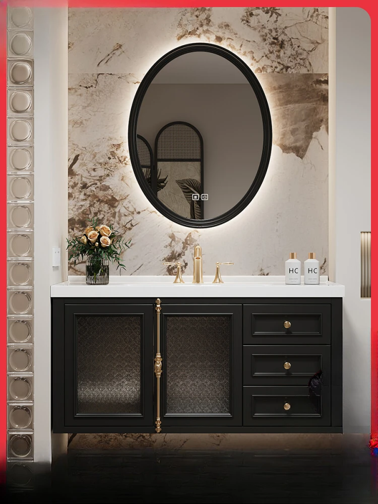 2024 new Corian rock slab hot bending seamless integrated basin French light luxury rubber wood paint bathroom cabinet