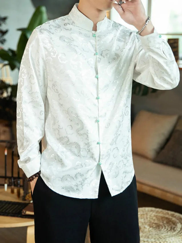 

Silk irt Men's Spring Autumn New Chinese Sle Satin Hanfu Outerwear Long Sve Loose Fit Embroidery No Iron Procing
