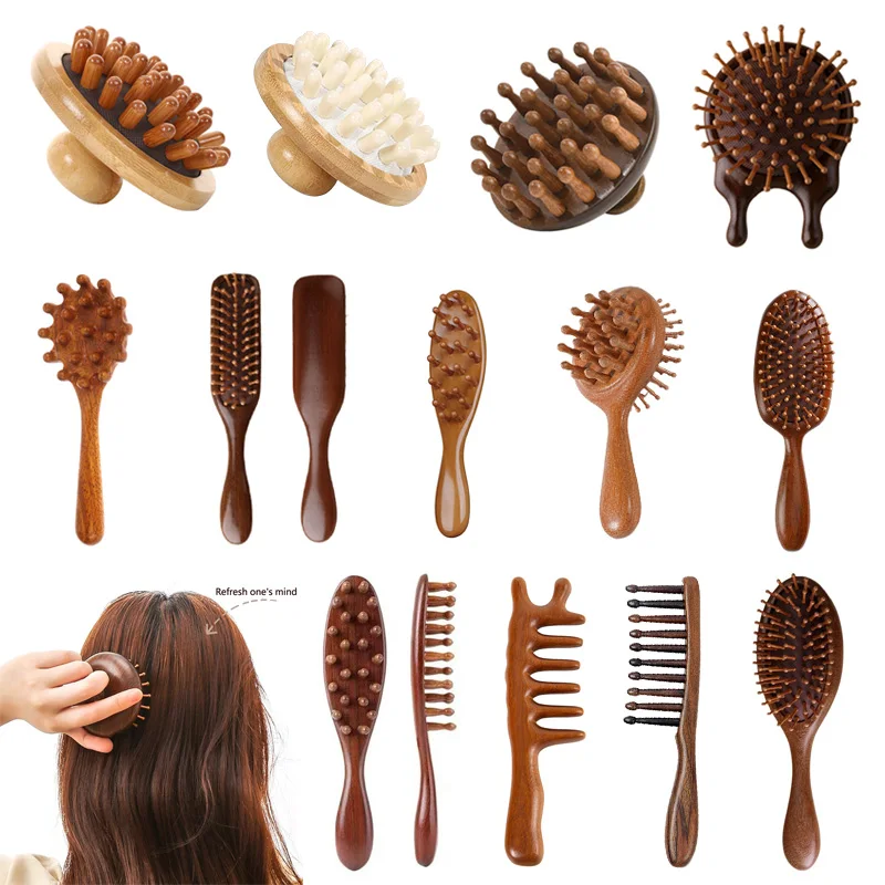 1Pc Double-Sided Meridian Comb Scalp Therapy Massage Comb Head Caring Natural Wood Round Handle Comb Scraping Body Massager