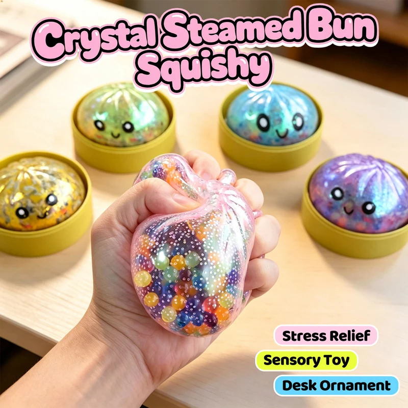 Glitter Crystal Steamed Bun Squeeze Fidget Toy Bead‑Filled Stress Relief Squishy with Steamer Box Design Desktop Ornament Gift