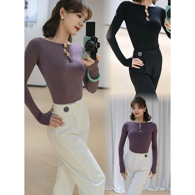 

Adult Ballroom Dance Clothes Long Sleeves Tops Lace Straight Leg Trousers Women Latin Waltz Dance Practice Clothing DNV26685