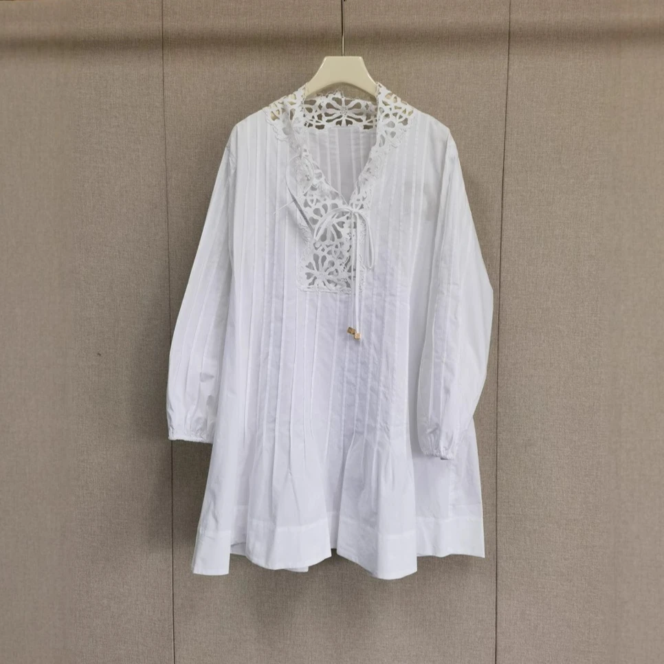 

Women's White Hollow Shirt Dress Loose Elegant Ladies Mini Dress