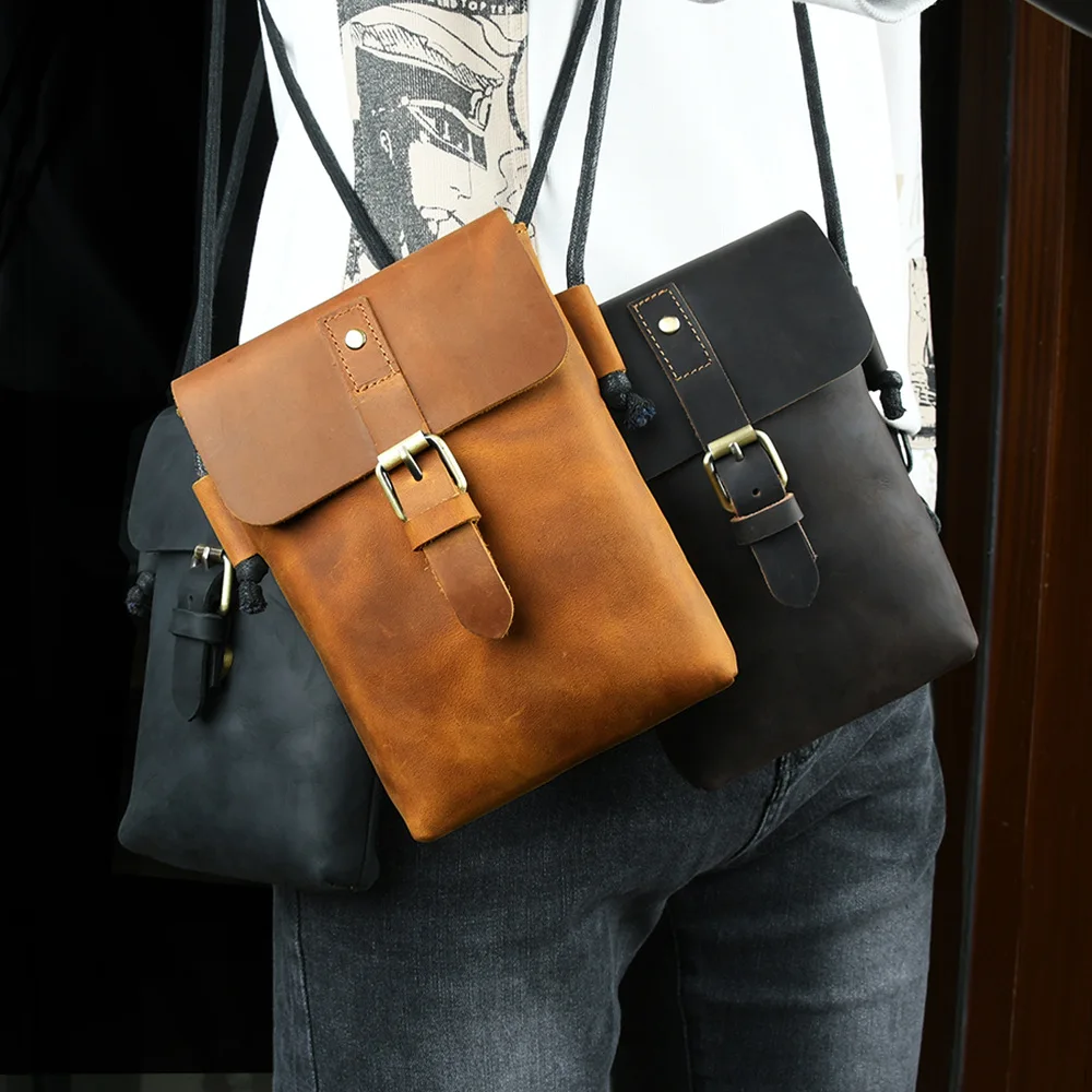 

Genuine Leather Sling Bag Waist Bag for Women Men, Large-capacity Leather Shoulder Bag Cellphone Loop Holster Phone Holder Case