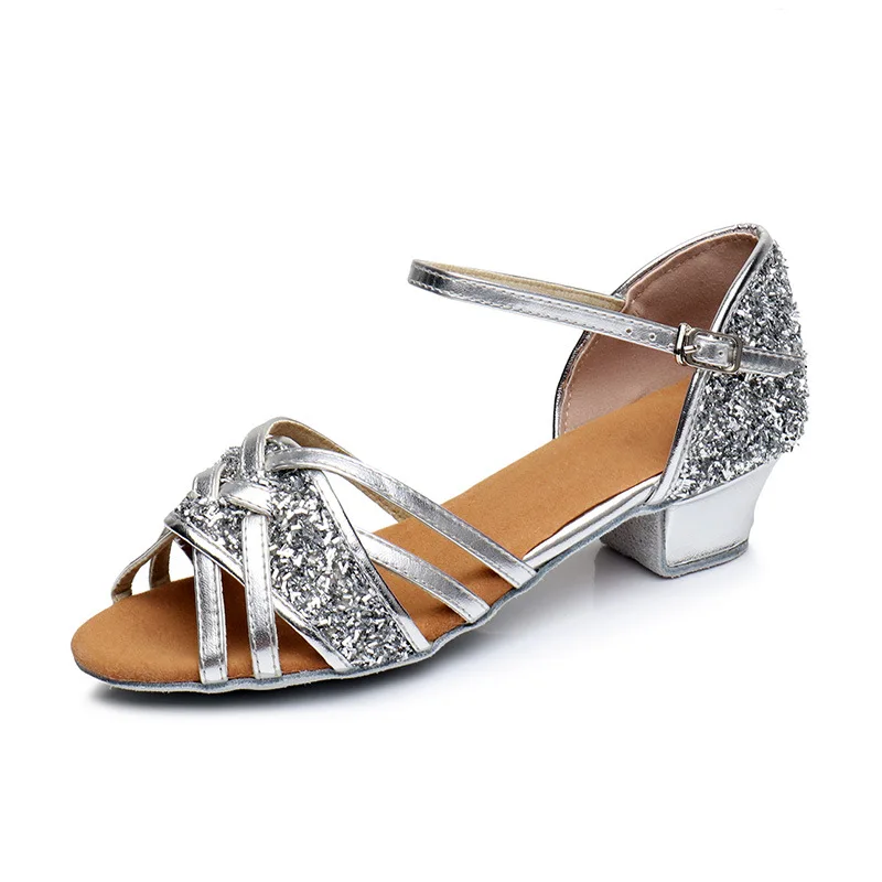 Girls Latin Dance Shoes Tan Low Heel Kids Ballroom Practice Performance Salsa Tango Cha Cha Dance Shoes Glitter