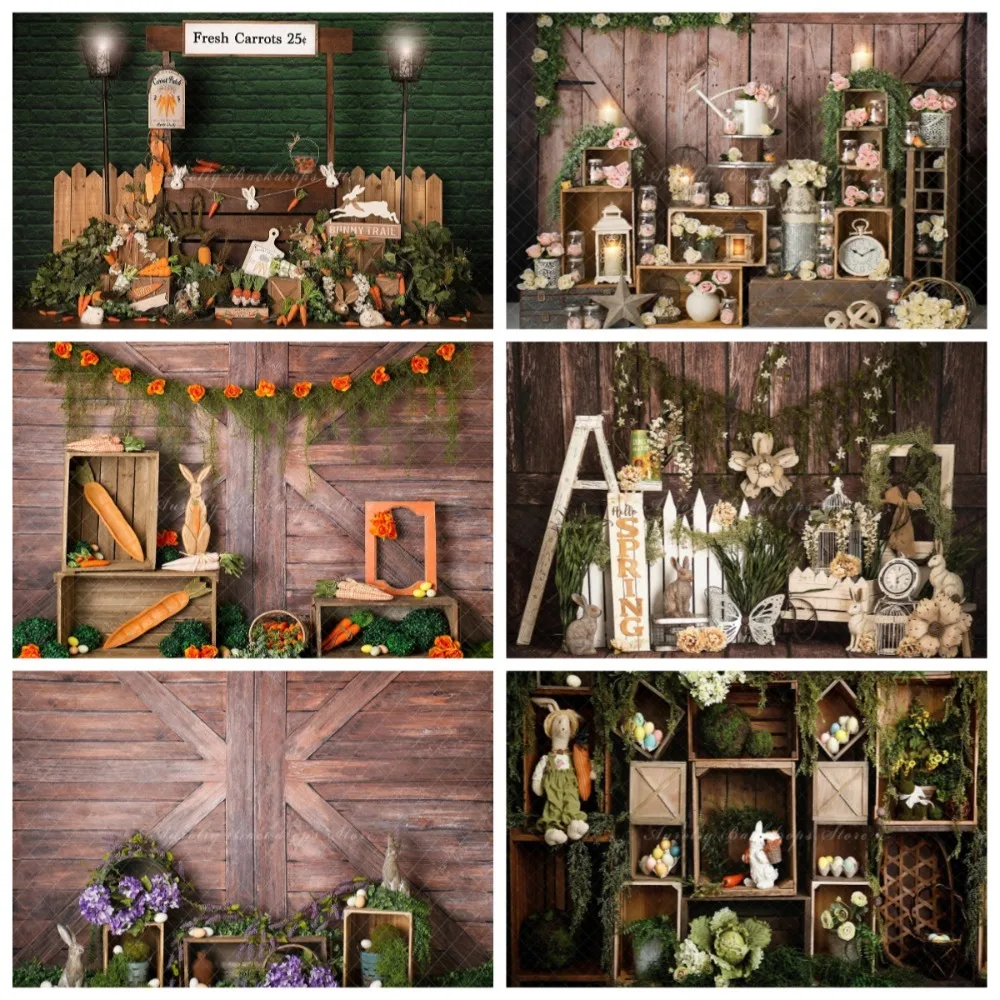 

Spring Easter Barn Garden Box Wall Theme Photography Background Cloth, Children's Birthday Party Decoration Photography Backdrop