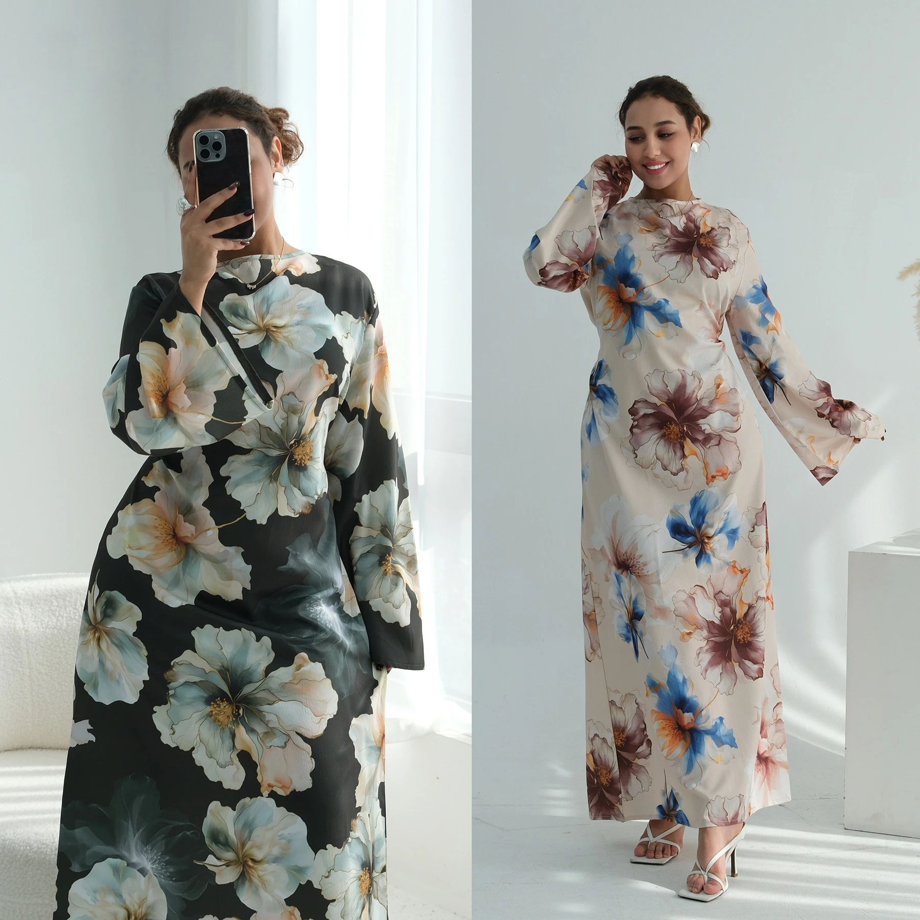 

2026 Новая исламская одежда с цветочным принтом, женское мусульманское платье Абая, платье макси с длинными рукавами для мусульманских женщин, модная скромная одежда