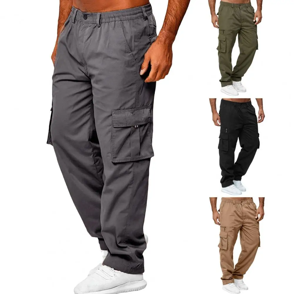 Men Reinforced Pocket Pants Breathable Outdoor Cargo Trousers Elastic Waist Multi Pockets Plus Size Soft Loose Fit for Wear