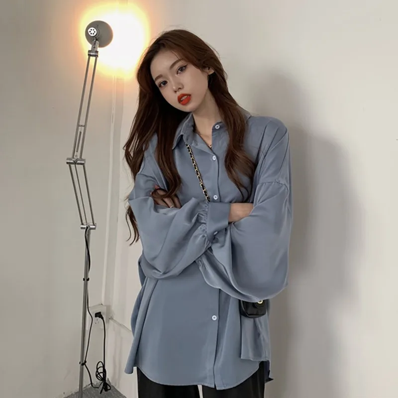 Women Autumn Korean Office Lady Loose Solid Color Polo-Neck Long Sleeve Shirts Women Clothes Fashion All-match Appear Thin Tops