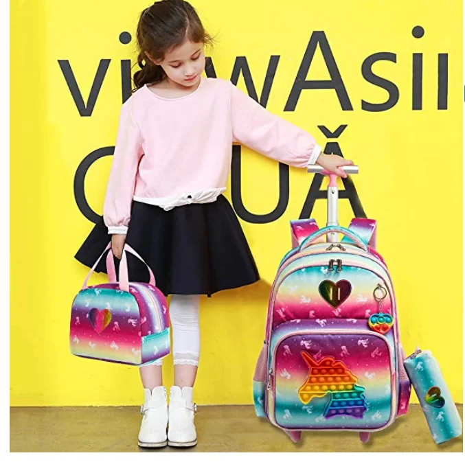 Ensemble de cartables à roulettes pour enfants, sac à roulettes scolaire, sac à dos à roulettes pour filles, 3 pièces