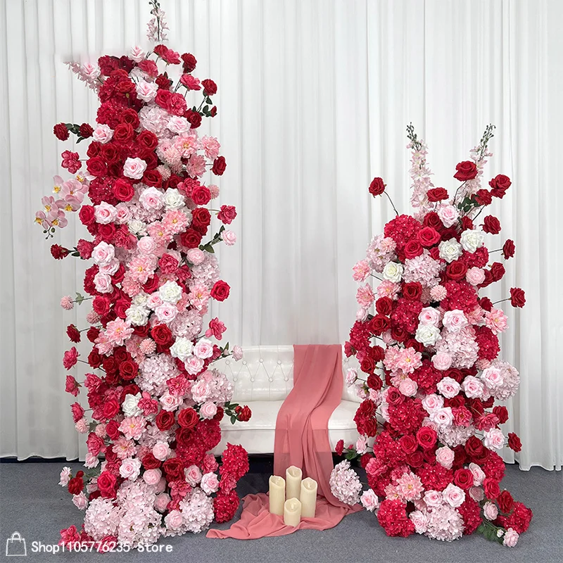 Knallrosa-weiße Rosen-Hortensien-Kunstblumen-Säulenständer für den Außenbereich, Garten, Pavillon, Hochzeitseingang, Dekoration, Hintergrunddekoration – Detail 2