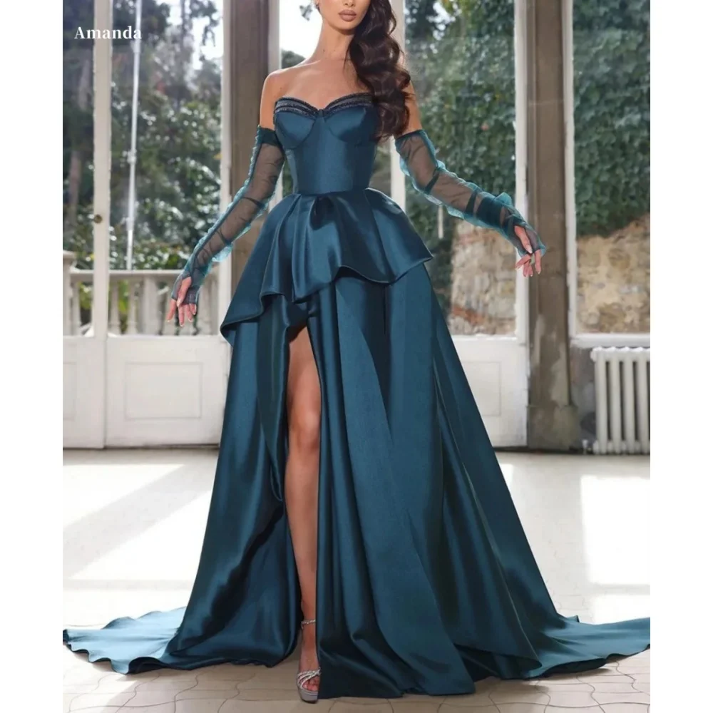 

Amanda Customized Green Side Slit Glove Satin فساتين سهرات Strapless vestidos de fiesta Floor-Length A-line Wedding Dress 2024