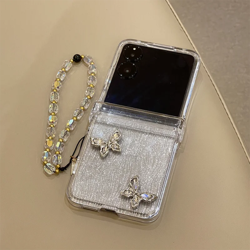 Bling 3d Butterfly Flip Case For Samsung Z Flip 6 Z Flip5 4 3 / Xiaomi Mix Flip Transparent Cover With Silver Cardboard