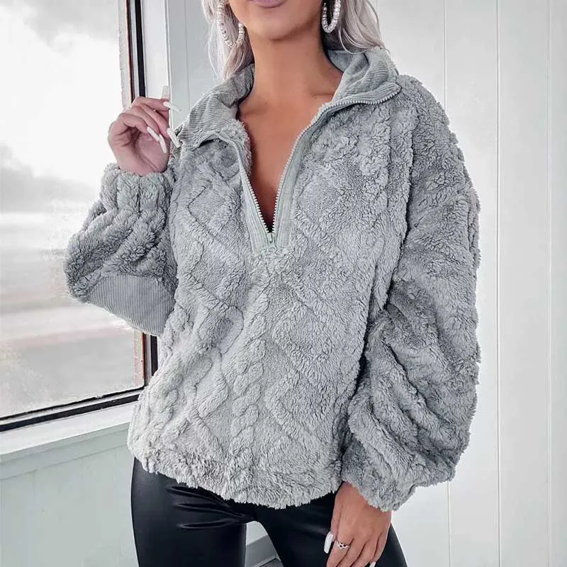 

Fashion Zip-up Plush Warm Pullover Top for Women Autumn Winter 2024 New Casual Loose Tees Zipper Long Sleeve Solid Color Jackets