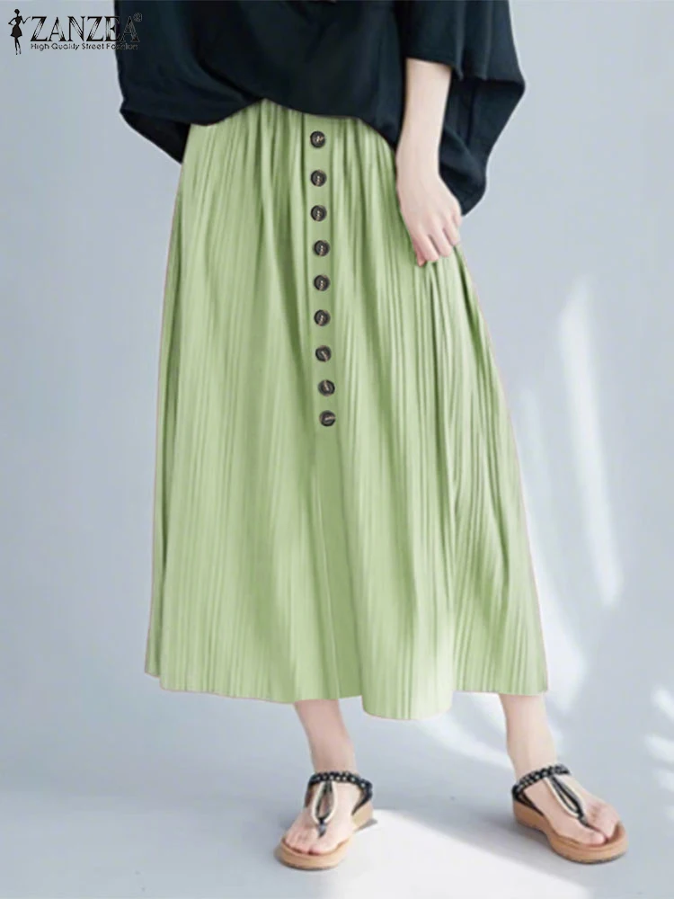 

ZANZEA 2025 Women Skirts Summer Pleated Solid Color Overskirts Elastic Waist Casual A-Line Buttons Mid-Calf Bottms Oversized