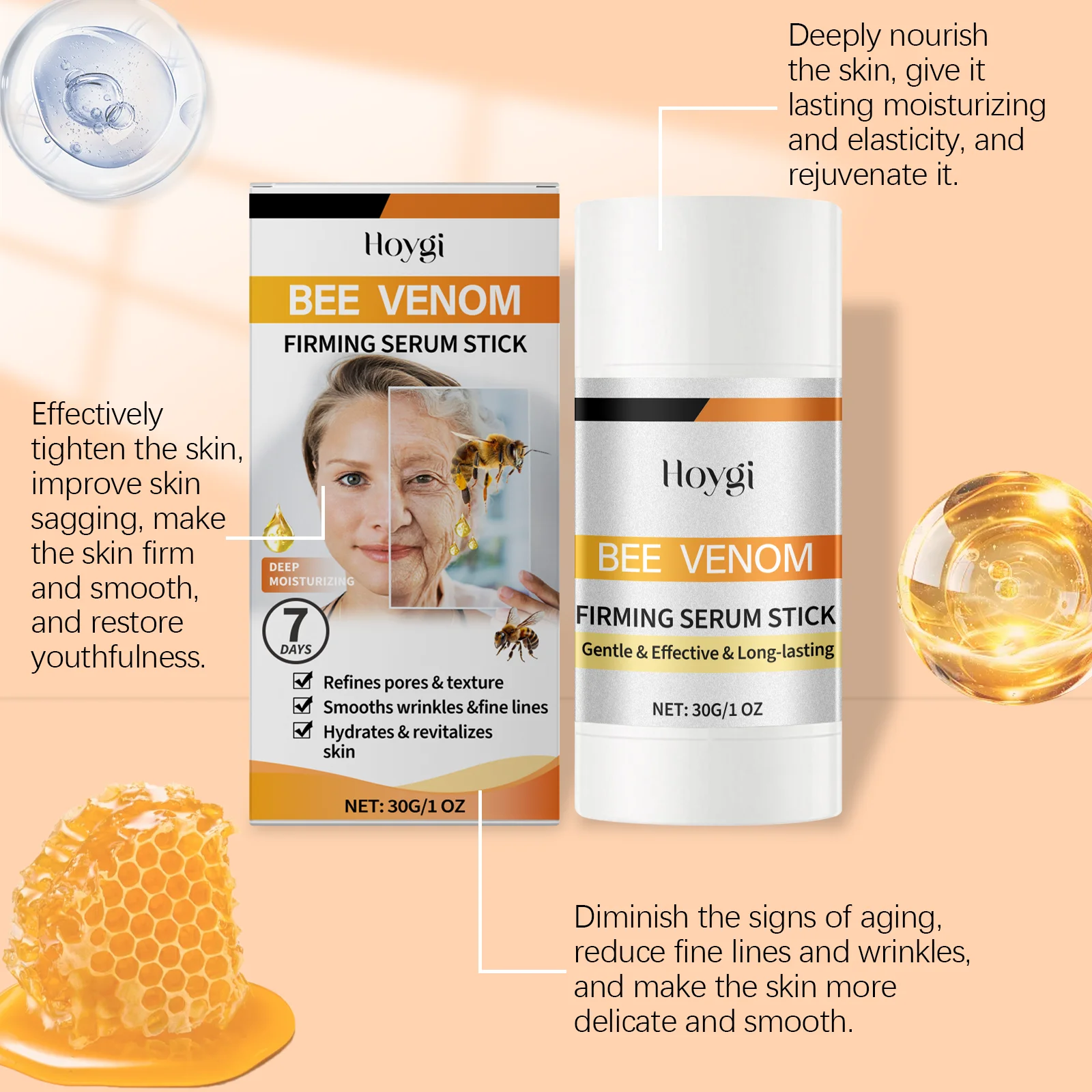 Bee Venom Firming Serum Stick Nourishing Lifting Fade Fine Lines เพิ่มความยืดหยุ่น Brightening Moisturizing Essence Face Care