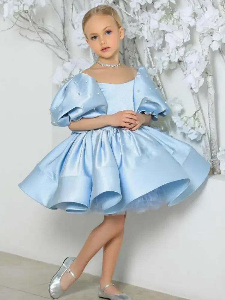 Sparkling Pearls Flower Girl Dress Boat Neck Puffy Sleeves Knee Length Puff Girls Party Dresses for Wedding Kids Pageant Gown