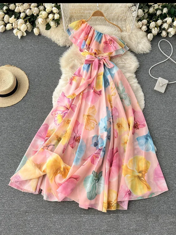 

New Summer Holiday Dress Ladies' Bandage Irregular Slanted Shoulder Chiffon Floral Print Straps Waist Long Vestidos Women D0960
