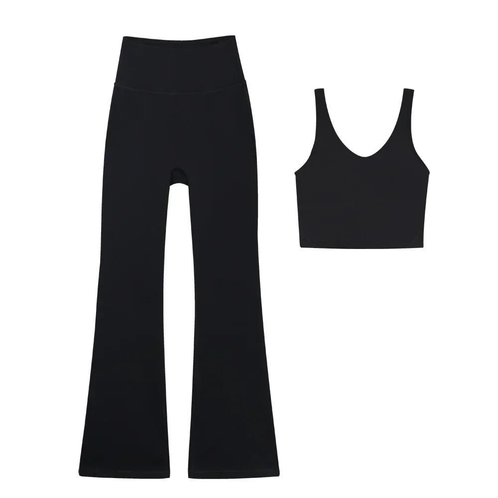 

Комплект расклешенных брюк и U-образной майки в стиле лимона — спортивный бюстгальтер телесного цвета с высокой талией и одежда для йоги для женщин