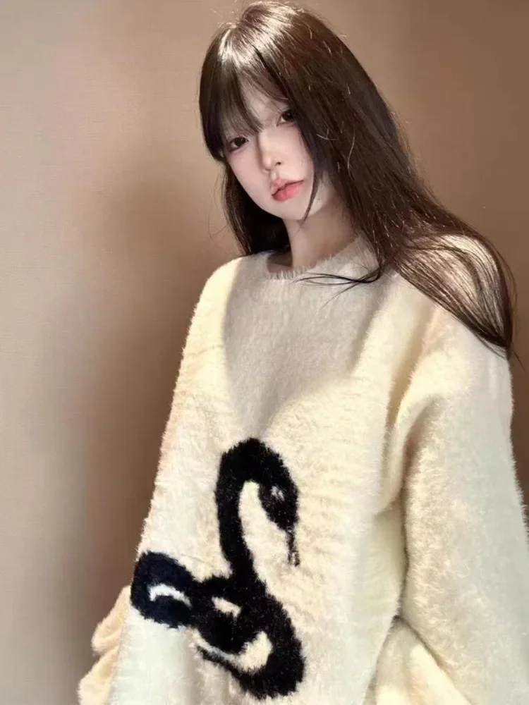 Kimutomo Sweater Women Vintage Snake Autumn Winter O Neck Harajuku Gothic Outwear Fashion Loose Stretch Knitwear Pullover