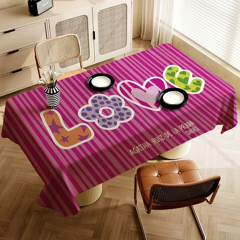 VIKAMA Magenta Striped LOVE Print Tablecloth Waterproof Anti-stain Dining Table Cover Sweet Home Decor