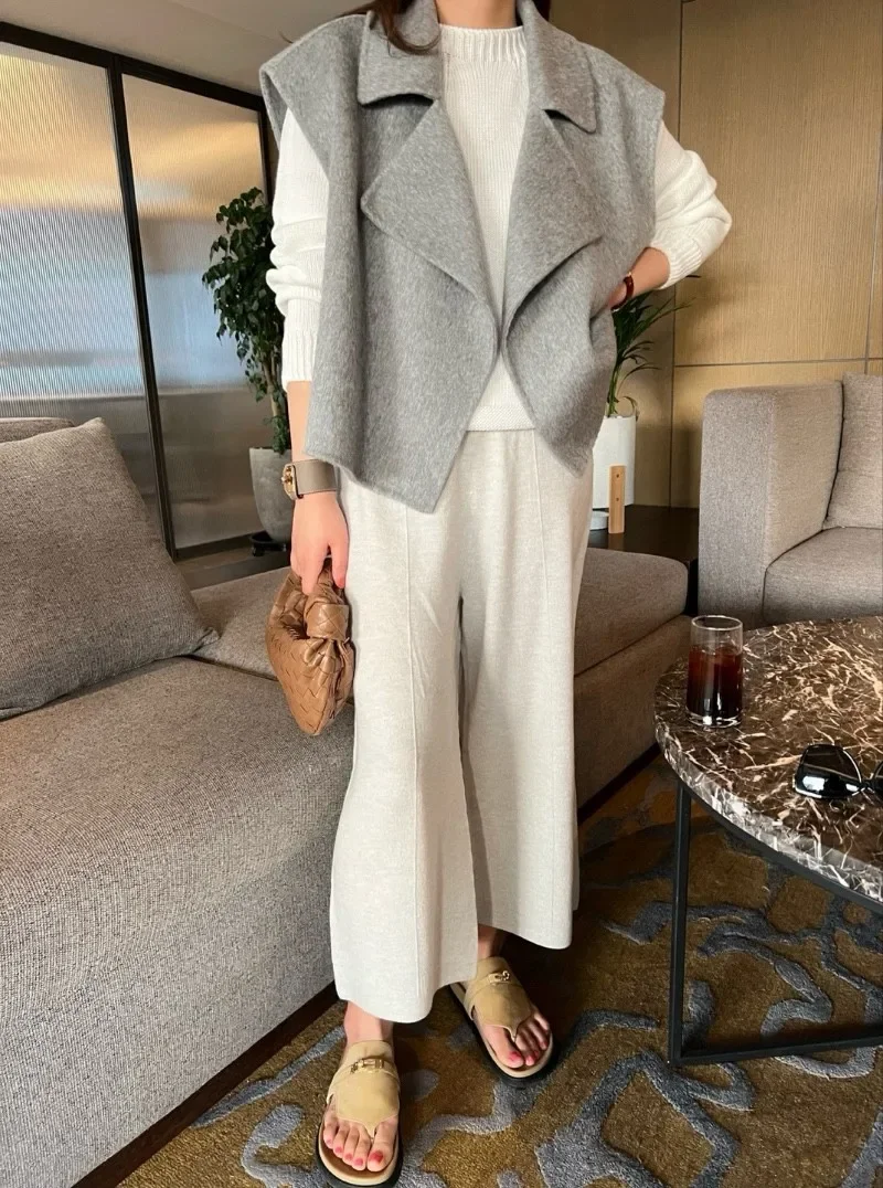 Autumn Elegant Temperament Double-sided Gray Wool Vest Women Tops Korean Chic Solid Color Suit Collar Wool Coat Women Clothing